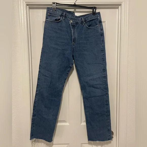 AGOLDE Crisscross High Waist Raw Hem Straight Leg Organic Cotton Jeans - Picture 4 of 5